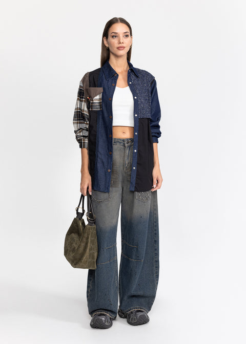 Camasa Lunga Denim cu design eclectic