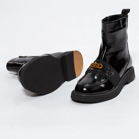 Botine Negre din Piele Lăcuită cu Talpă Groasă