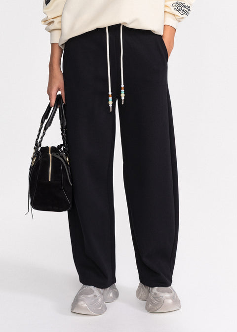 Pantaloni din bumbac cu talie elastica si snur decorat cu margele 8507