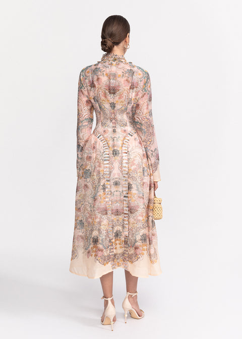 Rochie Midi cu imprimeu floral delicat, croiala ampla si maneci lungi