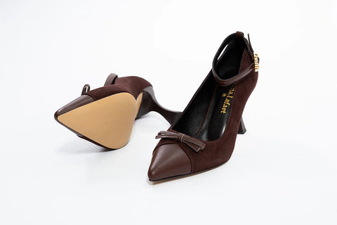 Pantofi eleganți din piele cu baretă, toc evazat și fundiță decorativă