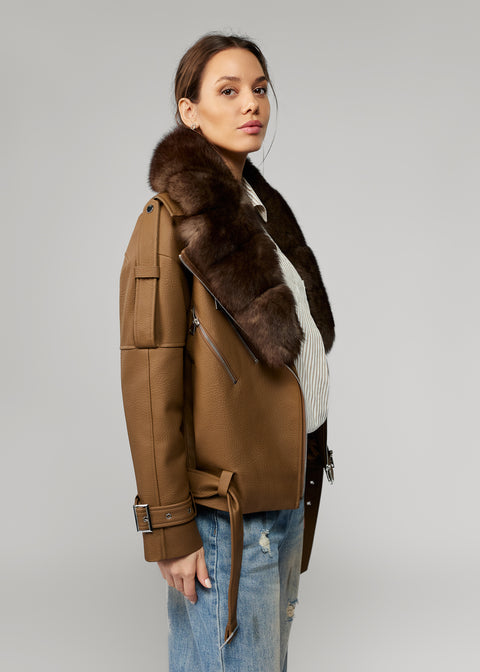 Leather Jacket with Detachable Fur Trim