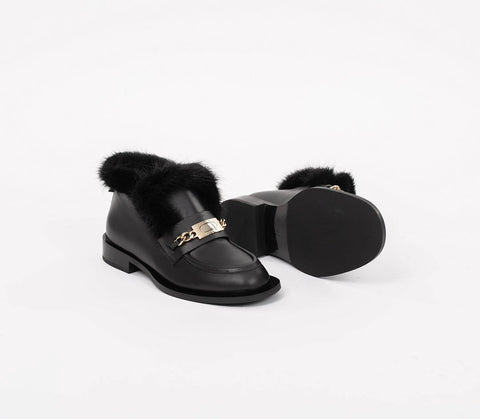 Ghete din piele naturală birfurate cu vison accesoriu auriu