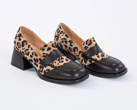 Pantofi din piele in combinatie cu piele intoarsa leopardata