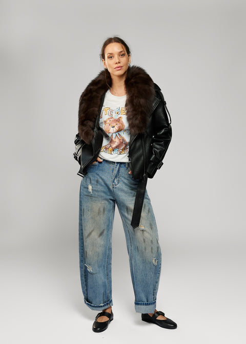 Leather Jacket with Detachable Fur Trim