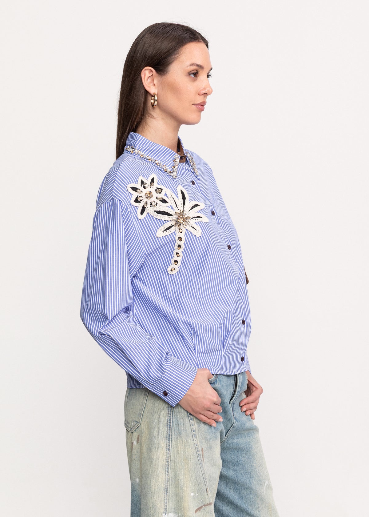 Shirt with Crystal Embellishments and Floral Embroidery