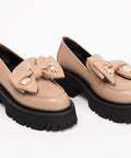 Loafers damă capuccino cu funda, din piele naturală, talpa 5 cm