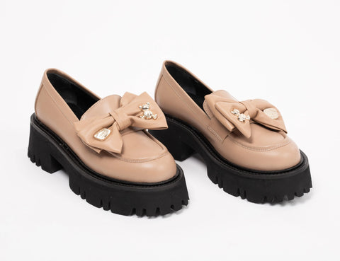 Loafers damă capuccino cu funda, din piele naturală, talpa 5 cm