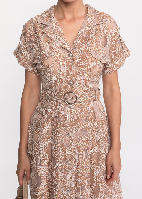 Rochie Midi cu broderie si maneci scurte