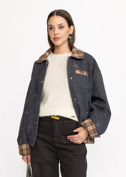 Geaca din material textil cu aplicatii din strasuri si guler detasabil din dantela
