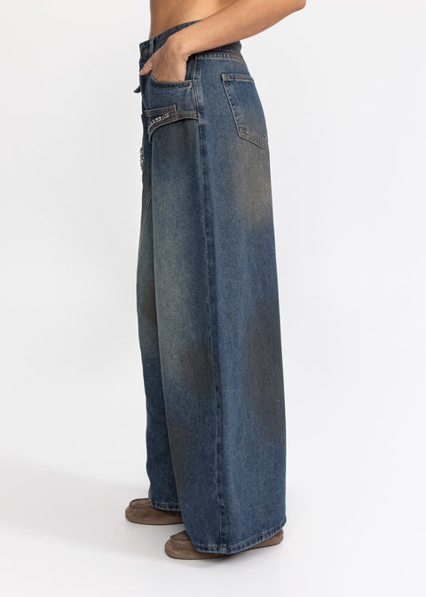 Blugi din denim cu croiala larga si talie inalta 5011