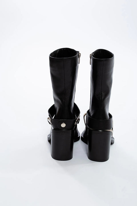 Ghete negre din piele naturală cu toc gros și accesoriu metalic