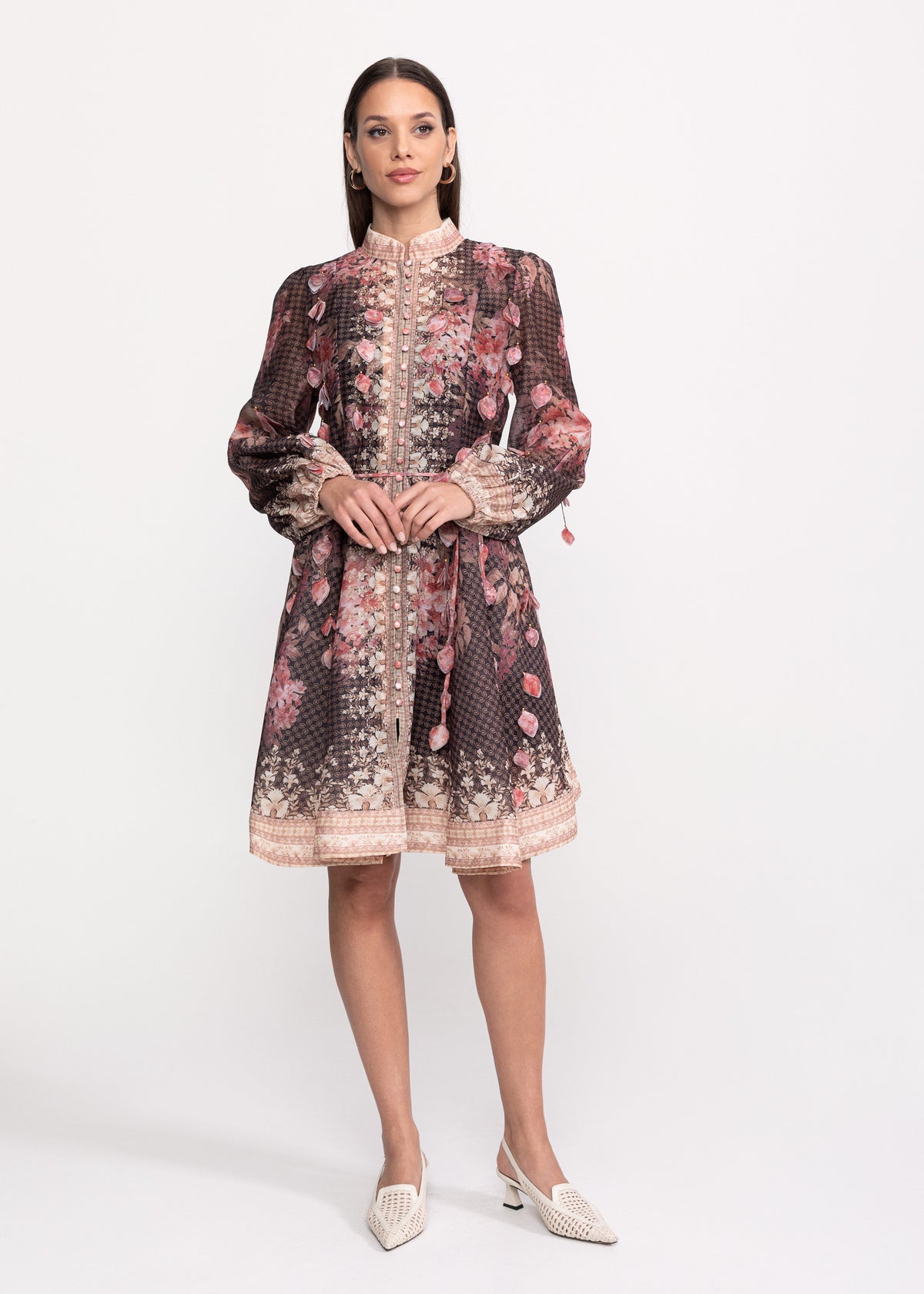 Rochie cu imprimeu floral vintage si cordon in talie