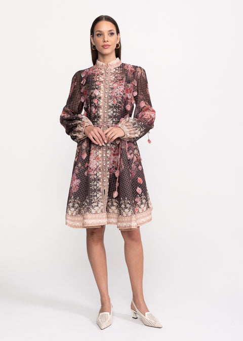 Rochie cu imprimeu floral vintage si cordon in talie