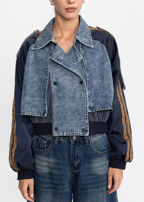 Geaca scurta denim cu maneci contrastante