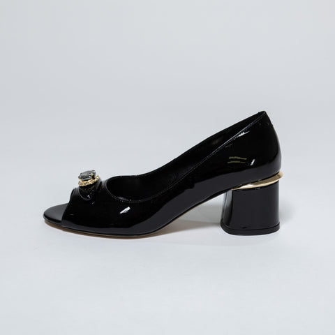 Patent Leather Pumps with Block Heel and Jewel Detail