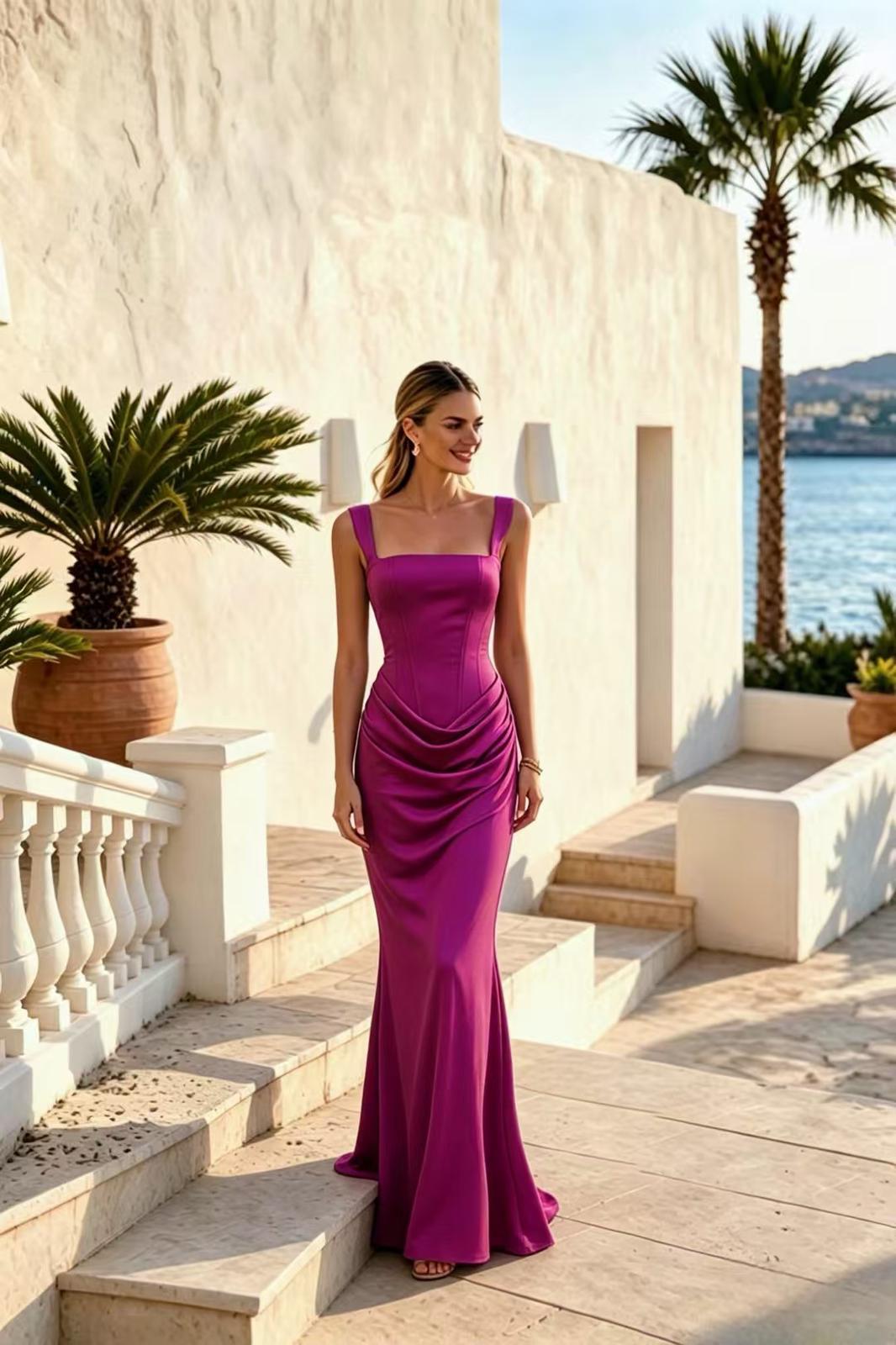 Rochie Lunga din satin cu croiala mulata si drapaje in zona inferioara