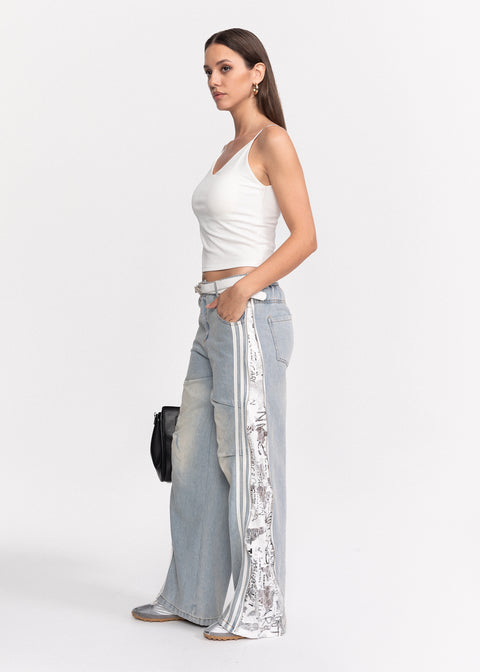 Blugi din denim cu croiala larga si insertii de dantela pe laterale
