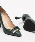 Pantofi damă din piele verde-petrol cu accesoriu auriu, toc 10cm