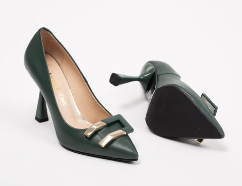 Pantofi damă din piele verde-petrol cu accesoriu auriu, toc 10cm