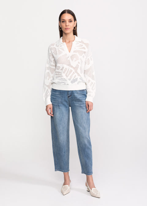 Openwork Textured Polo Sweater