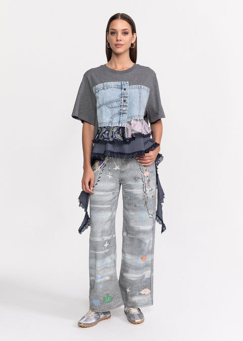 Tricou din bumbac cu insertii denim si volane multiple