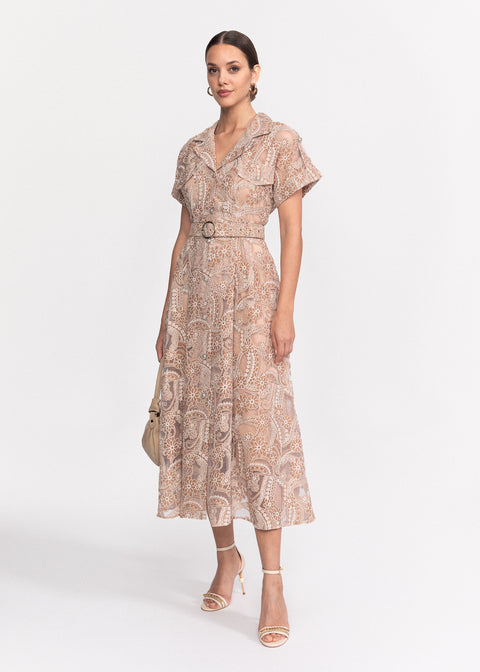 Rochie Midi cu broderie si maneci scurte