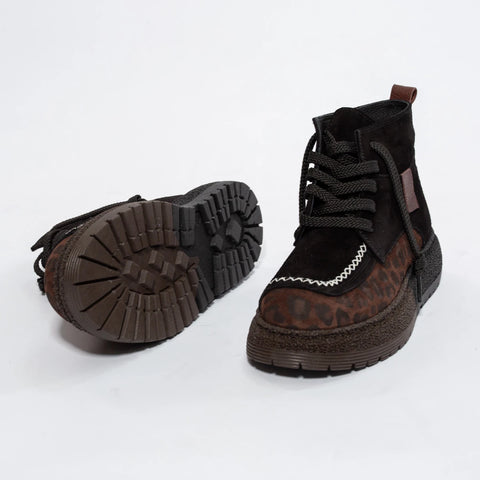 Ghete Casual Negru-Maro din Piele Întoarsă cu Imprimeu Leopard