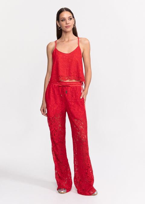 Pantaloni casual din dantela florala rosie