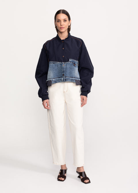 Bomber jacket with denim inserts