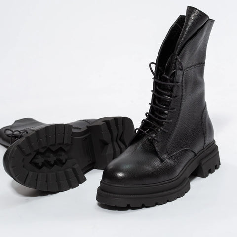 Ghete Tip Combat Negre din Piele Naturală Granulată