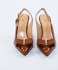 Pantofi maro din lac cu fundă decorativă și toc gros de 8 cm – eleganță retro AnnaLaFaet