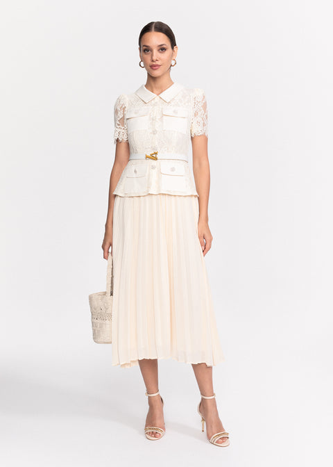 Rochie midi din dantela cu guler clasic si maneci scurte