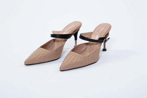 Pantofi Mule nude cu toc 7 cm Annalafaet din piele naturală și aplicații metalice