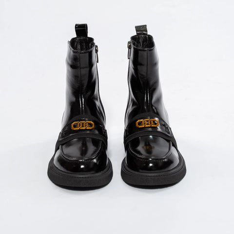 Botine Negre din Piele Lăcuită cu Talpă Groasă
