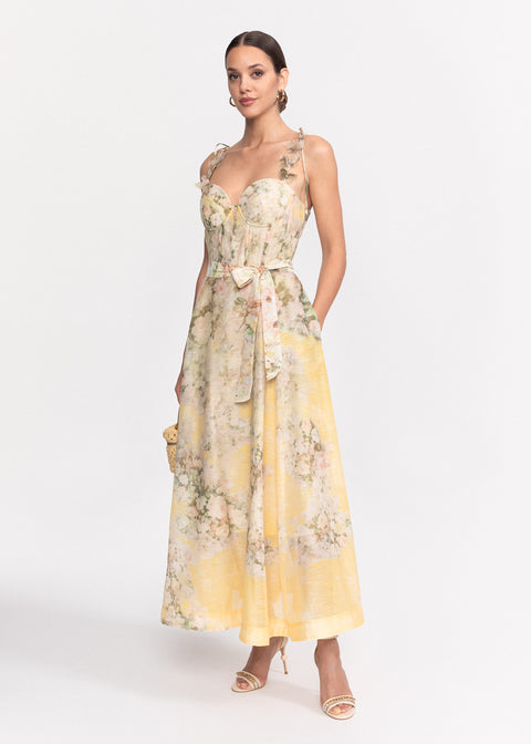 Rochie Midi cu imprimeu floral, bretele subtiri si cordon in talie
