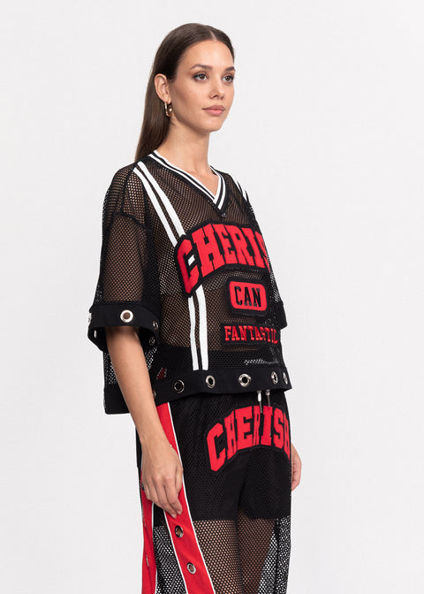 Tricou Cherish din plasa cu decolteu in V si inele metalice