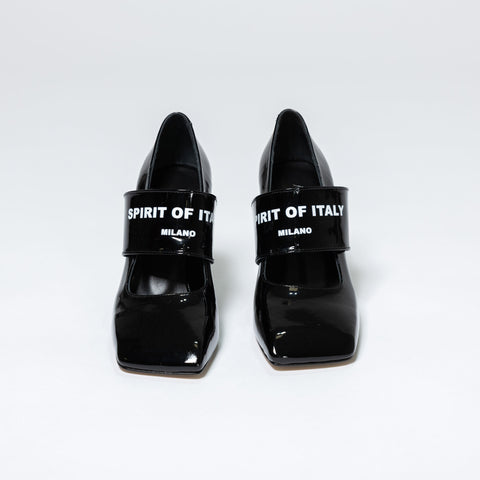 Patent Leather Heels with Block Heel and Strap