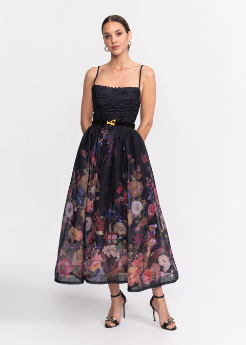 Rochie Midi cu imprimeu floral si bretele subtiri