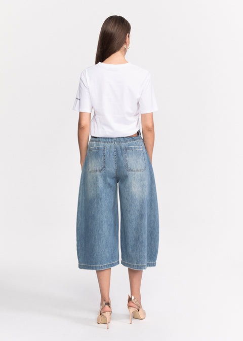 Blugi Culotte cu talie inalta si croiala larga 3/4