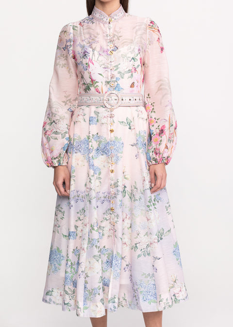 Rochie Midi cu imprimeu floral si curea in talie