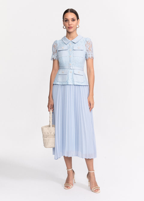 Rochie midi din dantela cu guler clasic si maneci scurte