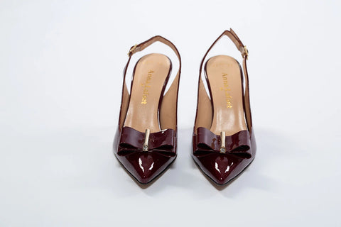 Pantofi maro din lac cu fundă decorativă și toc gros de 8 cm – eleganță retro AnnaLaFaet