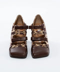 Pantofi din piele cu model animal print, baretă dublă și toc gros