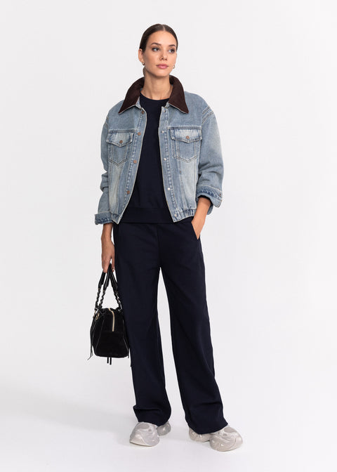 Geaca denim cu guler maro texturat 88296