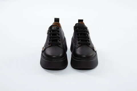 Sneakers Negri din Piele cu Platformă și Accesorii Metalice