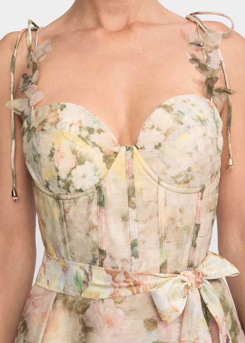 Rochie Midi cu imprimeu floral, bretele subtiri si cordon in talie