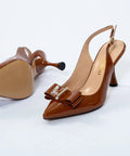 Pantofi maro din lac cu fundă decorativă și toc gros de 8 cm – eleganță retro AnnaLaFaet