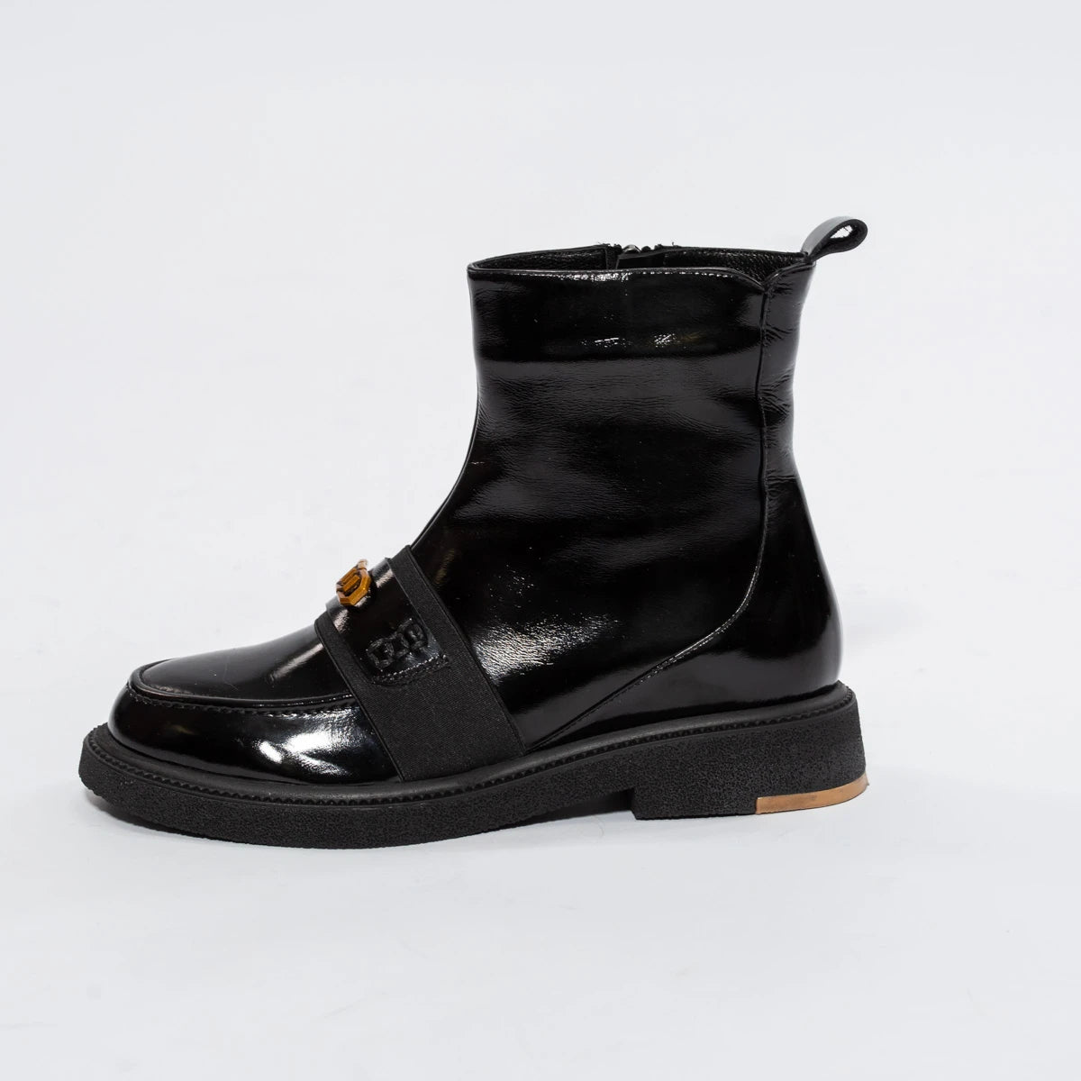 Botine Negre din Piele Lăcuită cu Talpă Groasă