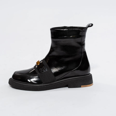 Botine Negre din Piele Lăcuită cu Talpă Groasă